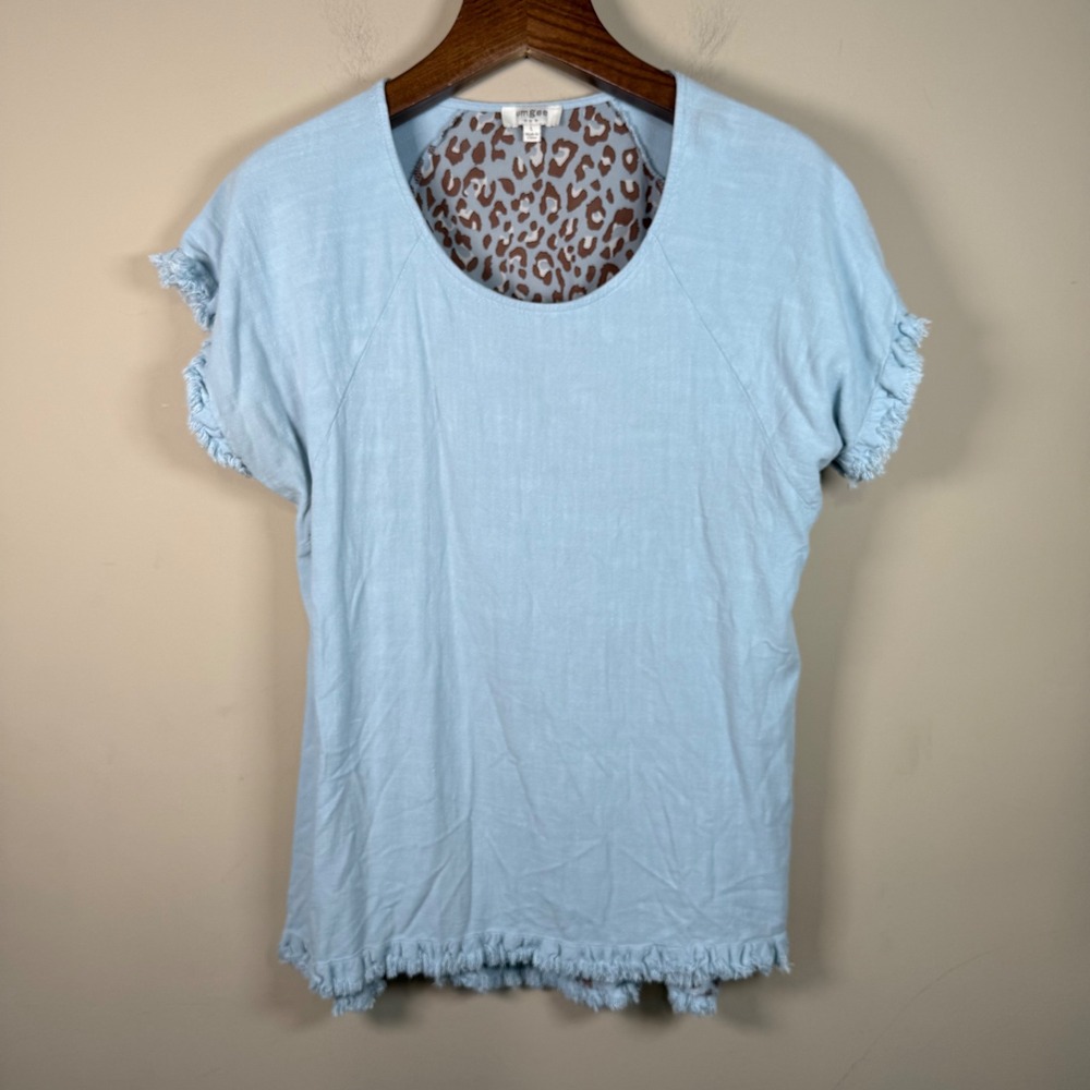 Umgee Blue/Brown Leopard Print Frayed High Low Hem Blouse Boho size Large